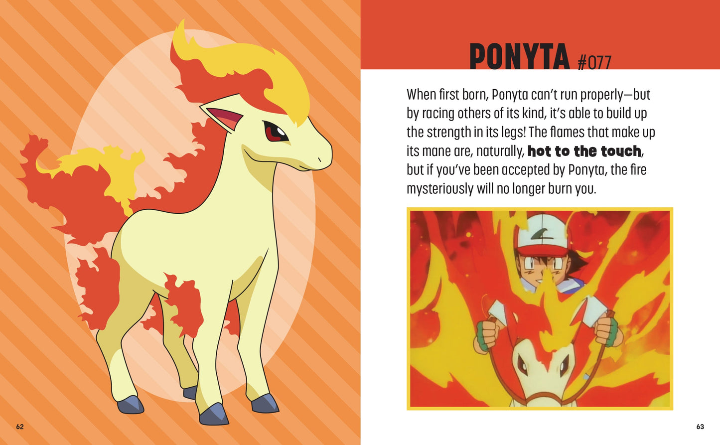 Illustration of a Ponyta from a Pokémon guidebook with text and another character on an orange background.