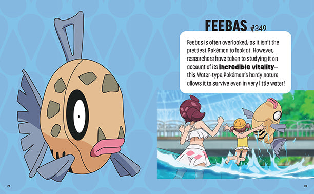 Illustration of aFeebas Pokémon with descriptive text on a blue background