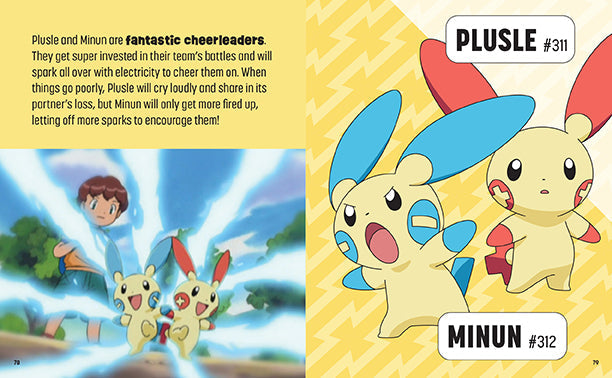 Pokémon Plusle and Minun with descriptive text on a yellow background