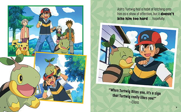 Illustrations of Ash, Pikachu, and Turtwig from a Pokémon anime with text about Turtwig's behavior.
