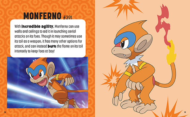 Monferno from Pokémon with descriptive text on an orange background