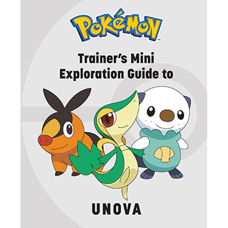 Pokémon Trainer's Mini Exploration Guide to Unova with three Pokémon characters on a white background