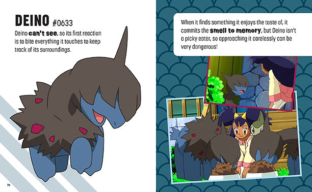 Illustration of a dark blue creature with red spots and a character interacting with it on a blue patterned background.
