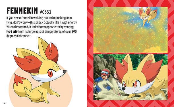Fennekin from Pokémon with descriptive text on a red border