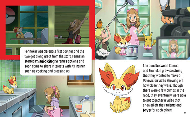 Cartoon scene with a girl and a fox-like creature in a kitchen, with text about Serena and Fennekin.