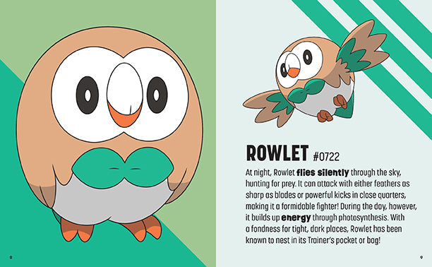 Illustration of Rowlet from a Pokémon guidebook with text on a green and white background