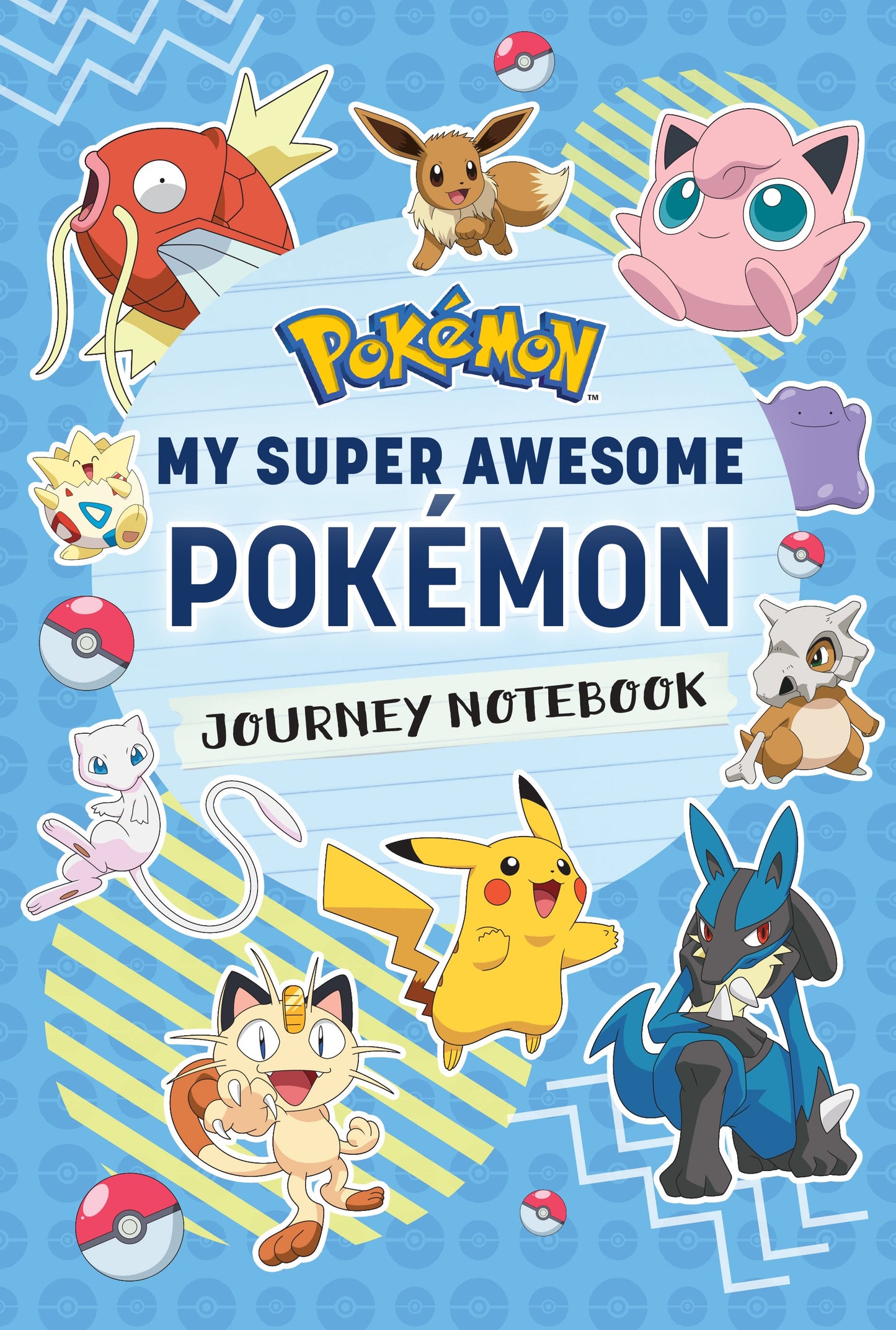 Pokémon-themed notebook cover with various Pokémon characters on a blue background