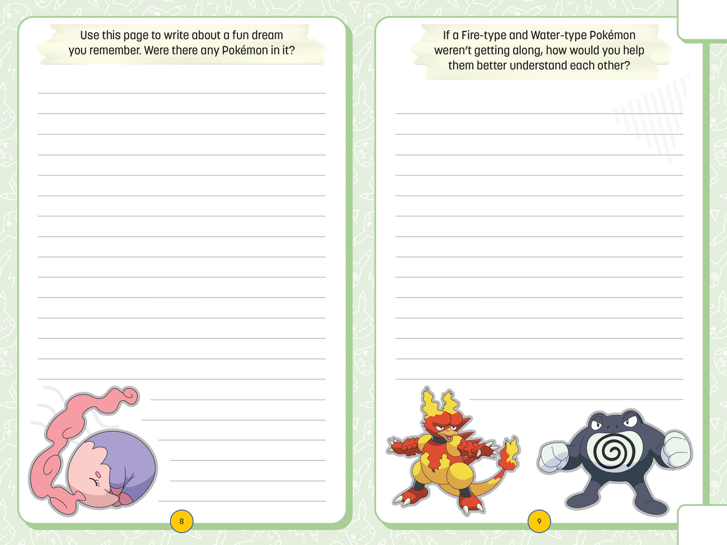 Two writing prompts on a worksheet with cartoon characters at the bottom.