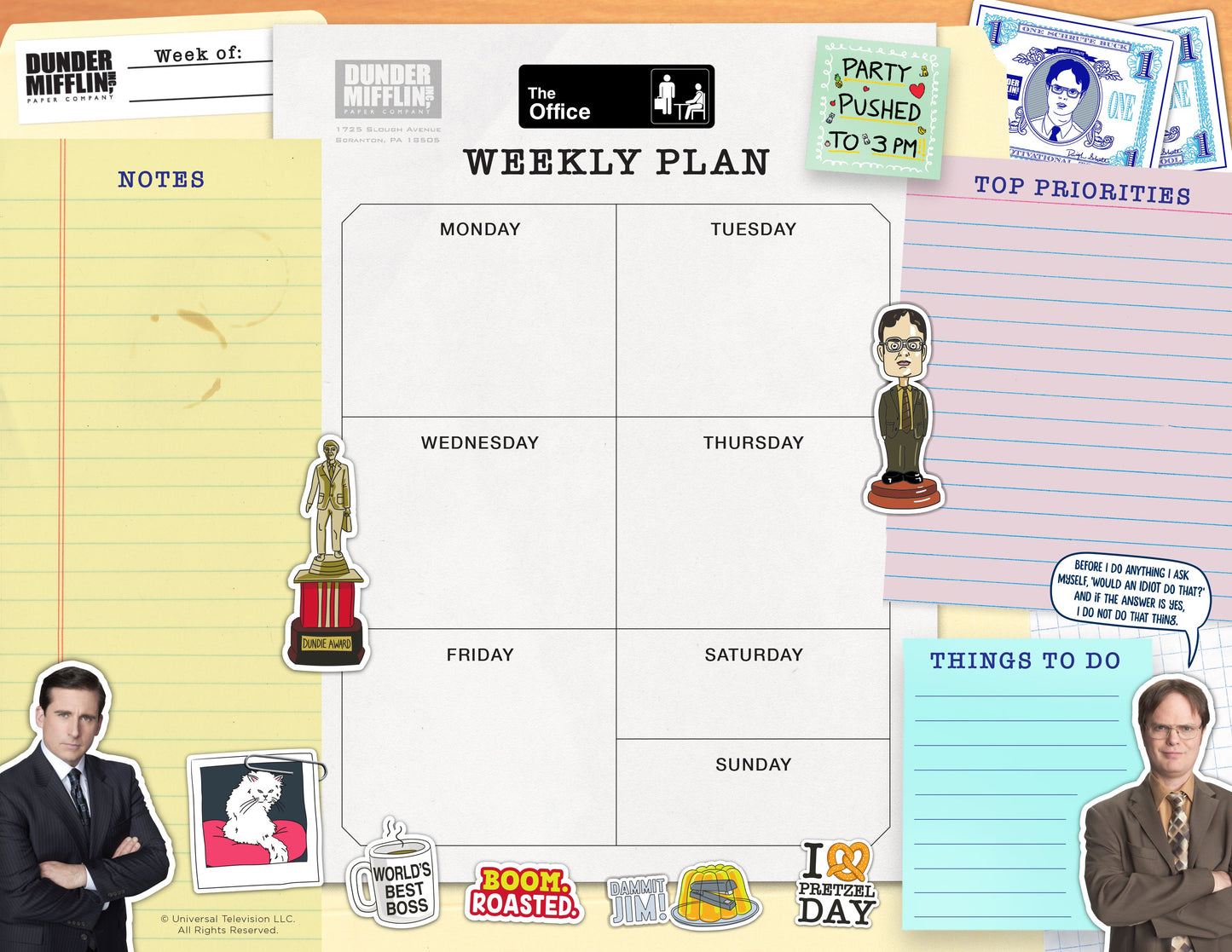 Weekly plan calendar with 'The Office' characters and office-themed decorations