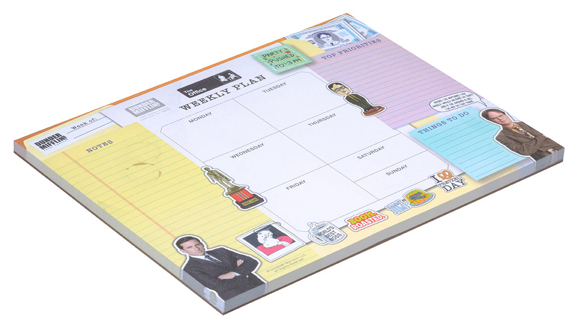 Weekly planner pad with colorful stickers on a white background