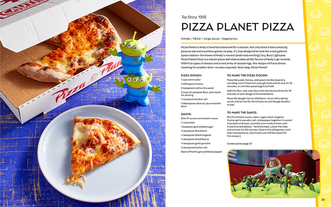 Slice of pizza on a plate with a toy figure next to a Pizza Planet pizza box and promotional material.