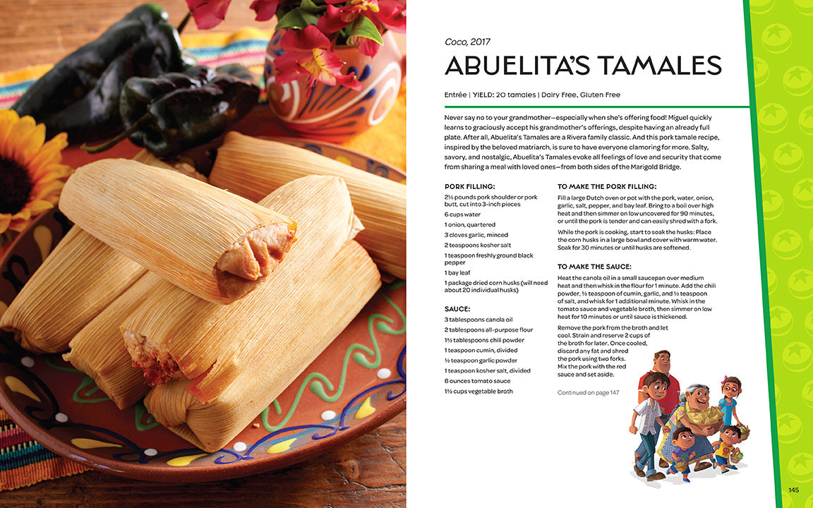 Page from a cookbook featuring 'Abuelita's Tamales' with tamales on a plate and colorful background.