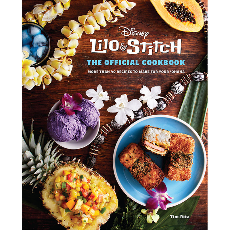 Disney Lilo & Stitch cookbook cover with food and flowers on a wooden background