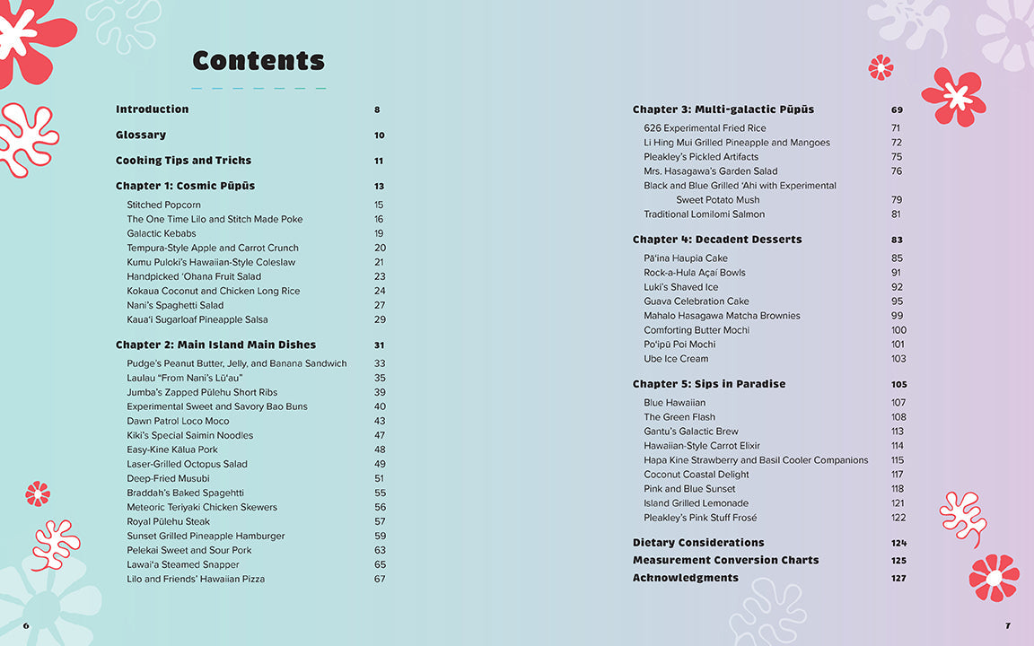 Table of contents for a cookbook with floral designs on a light blue background