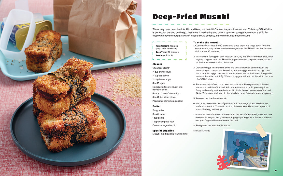 Stack of deep-fried musubi on a plate with a recipe card on the side.