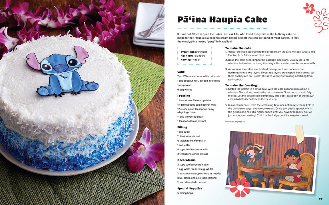 Cake with cartoon character on top, surrounded by pink flowers, with text and illustration on the right.