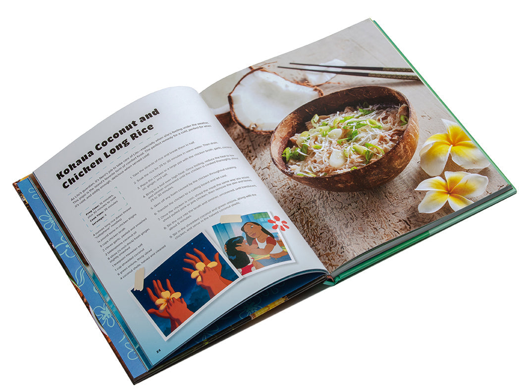 Open cookbook showing a recipe for 'Kohaku Coconut and Chicken Long Rice' with a bowl of rice and flowers on a white background.