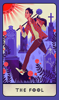 Tarot card featuring 'The Fool' with a person holding a staff in a graveyard setting.