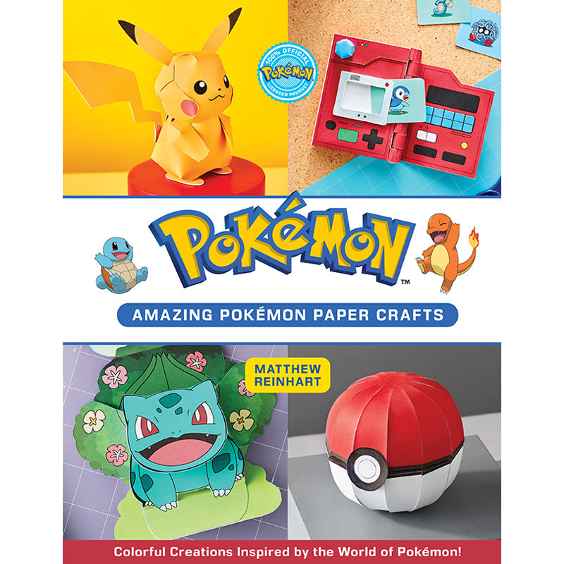 Pokémon-themed paper craft book with illustrations of Pokémon characters and a red Poké Ball model.