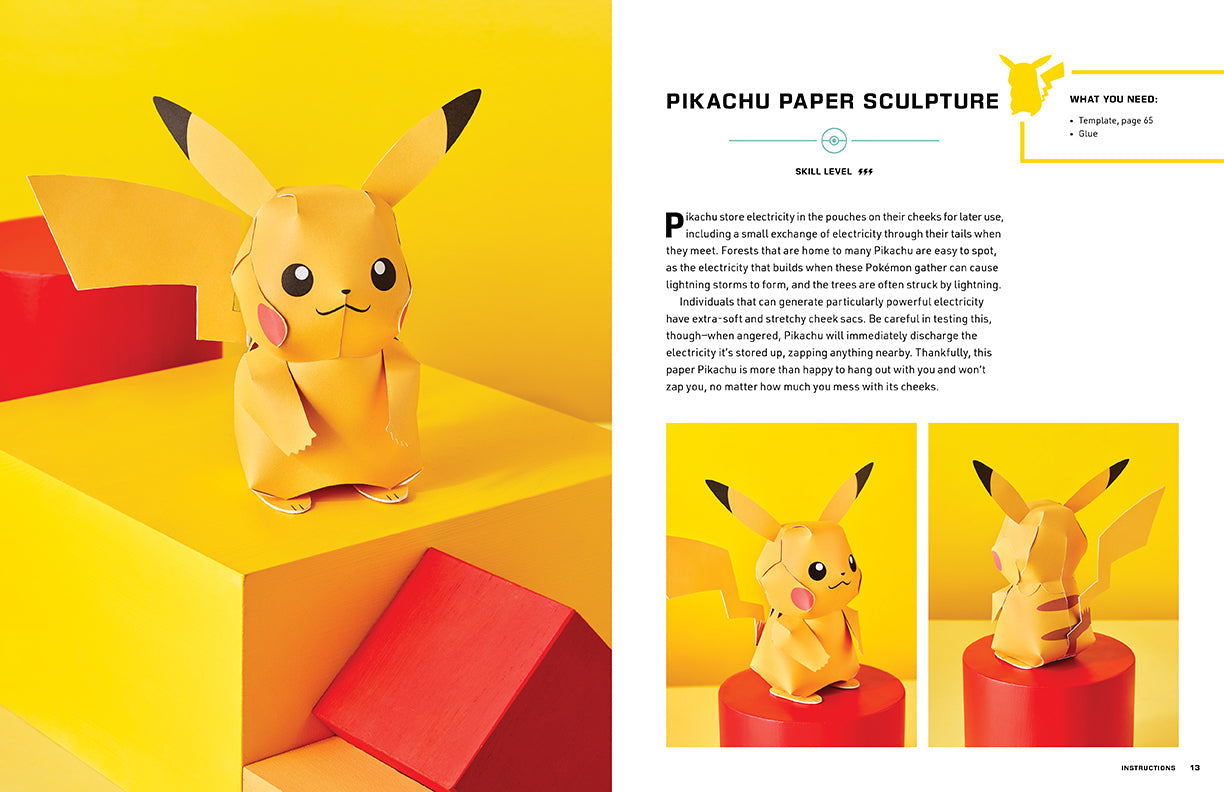 Pikachu paper sculpture on a yellow background with text on the right side.