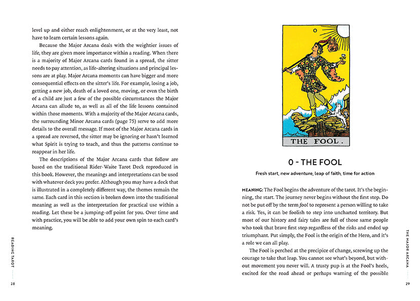 Page from a book or magazine featuring text and a tarot card illustration of 'The Fool'.