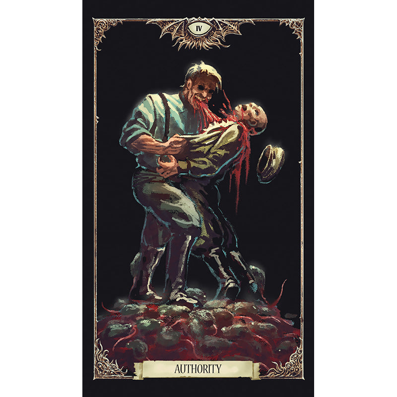Tarot card titled 'Authority' with a dark, dramatic illustration of a figure holding another by the hair.