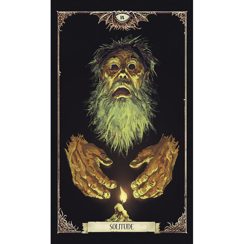 Framed artwork of a mystical figure with outstretched hands and a candle, labeled 'Solitude'.