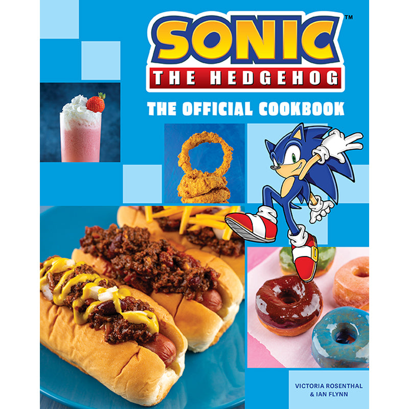 Book cover of 'Sonic the Hedgehog: The Official Cookbook' with Sonic character and food images.