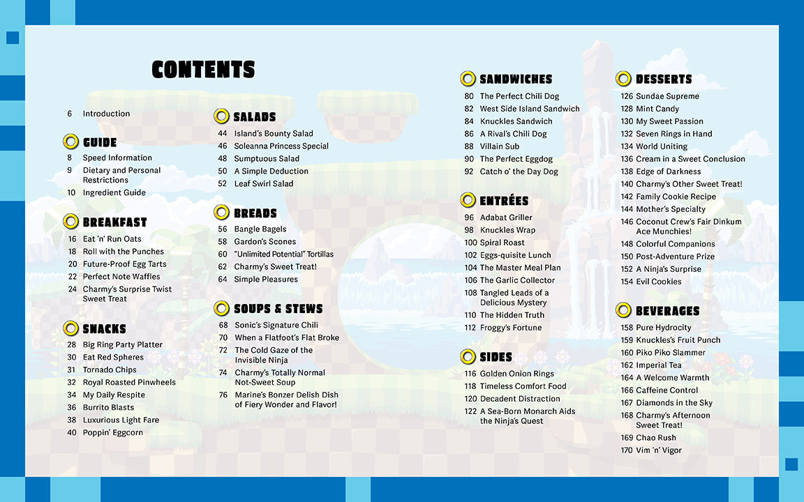 Menu with various food categories listed on a blue background