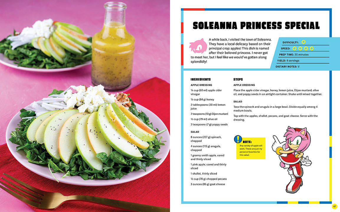 Salad with apples and greens on a plate, next to a recipe card for 'Solehana Princess Special' with a cartoon character.