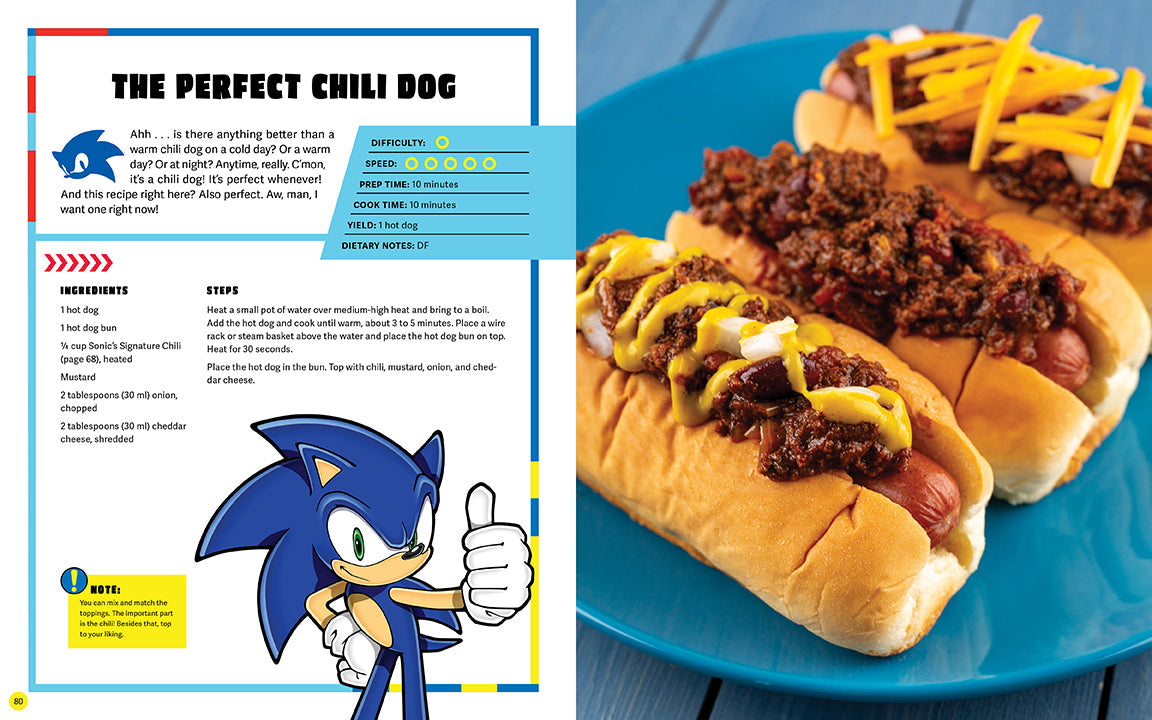Sonic the Hedgehog recipe card for chili dogs on a blue plate