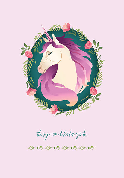 Journal cover with a unicorn design on a pink background