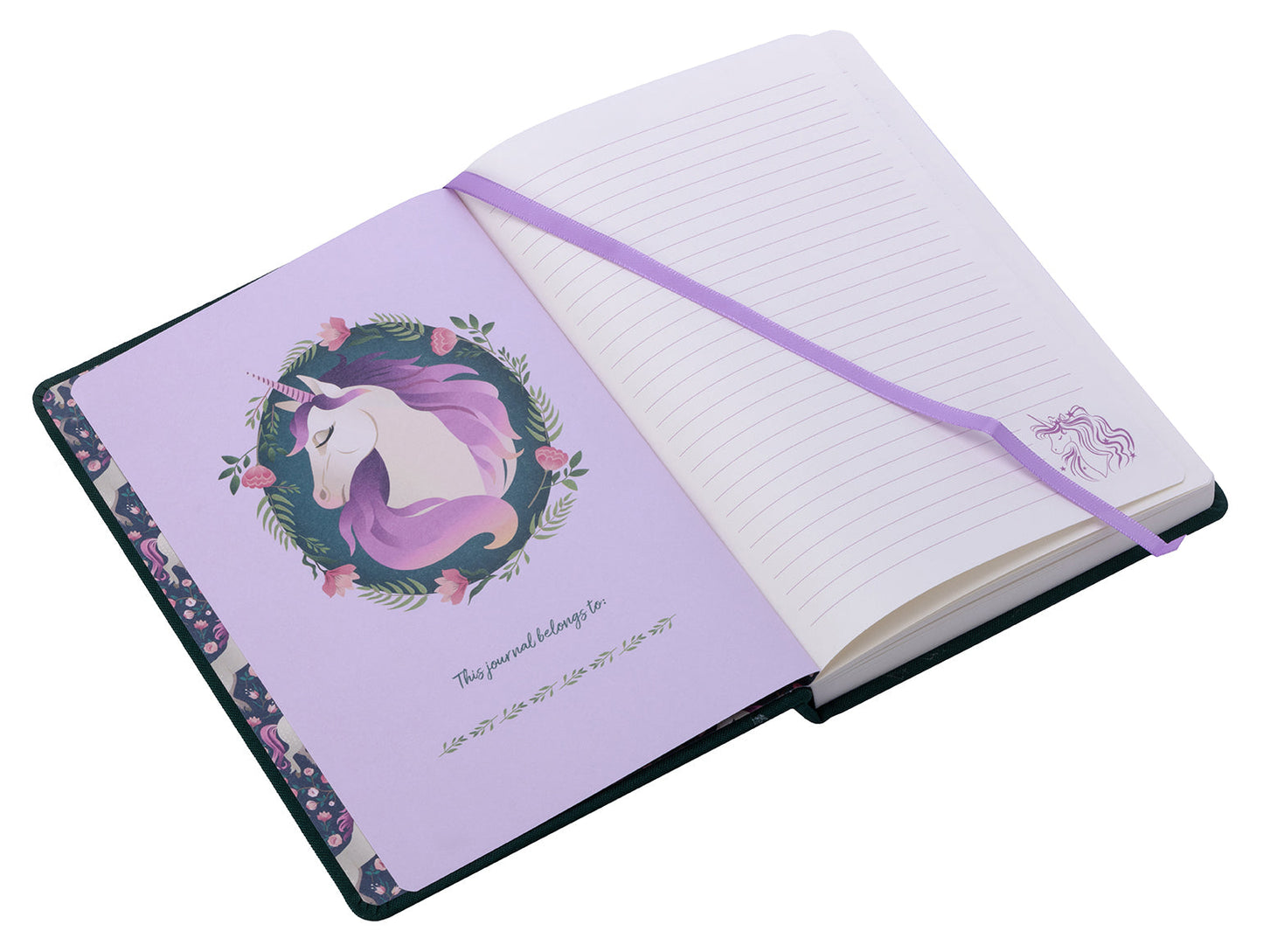 Open notebook with unicorn illustration on a white background