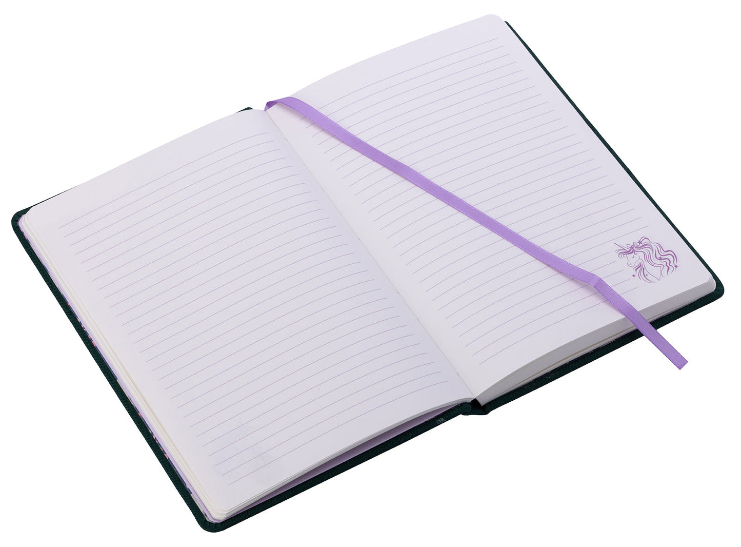 Open notebook with a purple ribbon on a white background