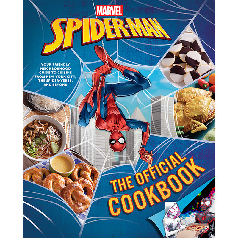 Spider-Man cookbook cover with Spider-Man character and food images on a blue background