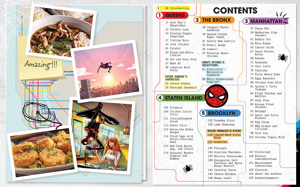 Menu with photos of food and a Spider-Man logo, featuring a list of items.