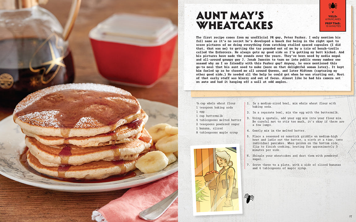 Stack of pancakes with syrup and whipped cream on a plate, next to a recipe card for Aunt May's Wheatcakes.