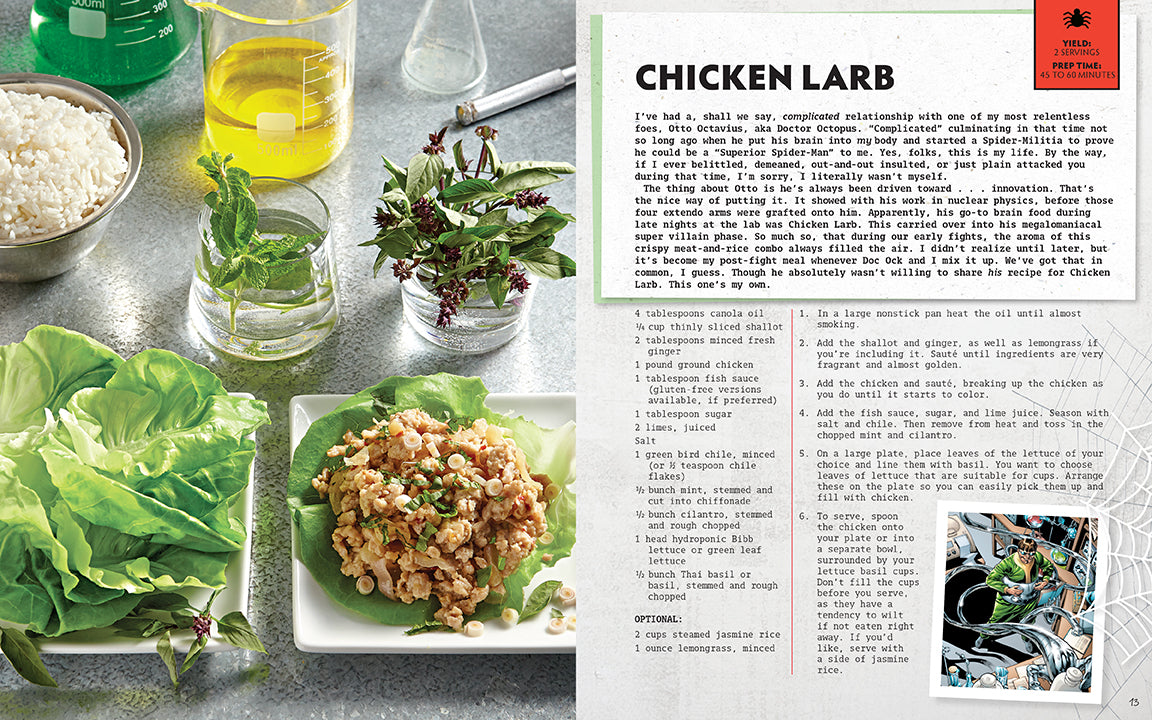 Chicken larb dish with ingredients and a recipe card on a table.