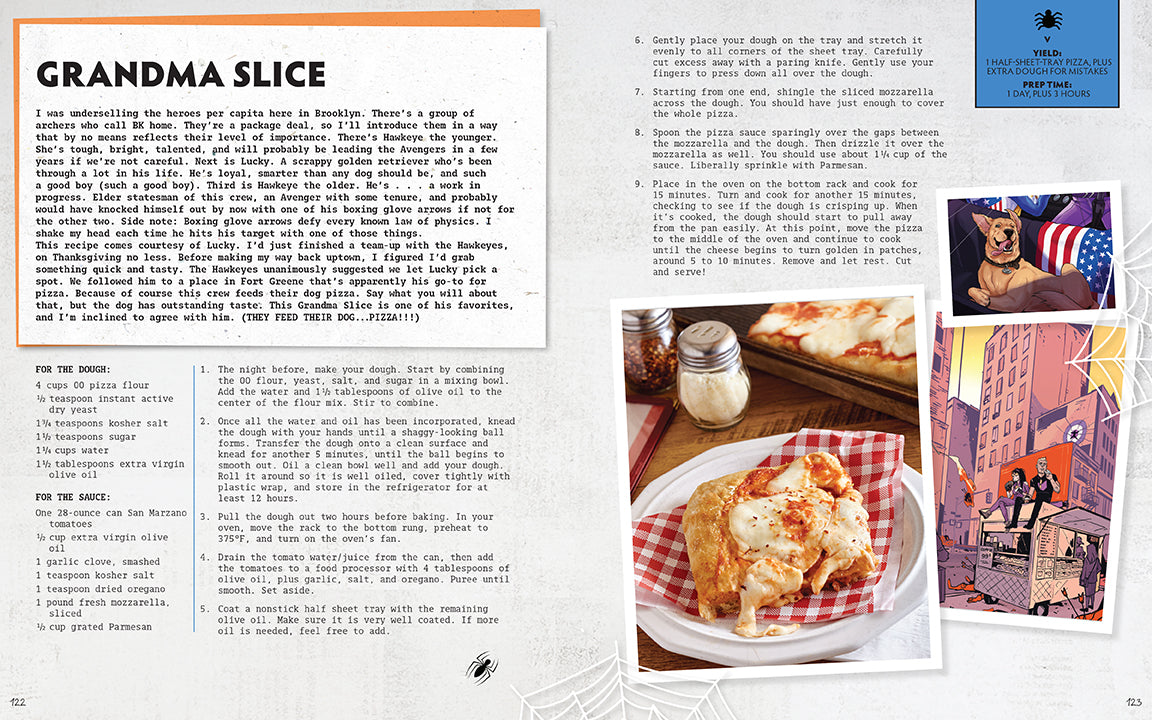 Page from a book or magazine featuring a recipe for 'Grandma Slice' with images of pizza and a cityscape.