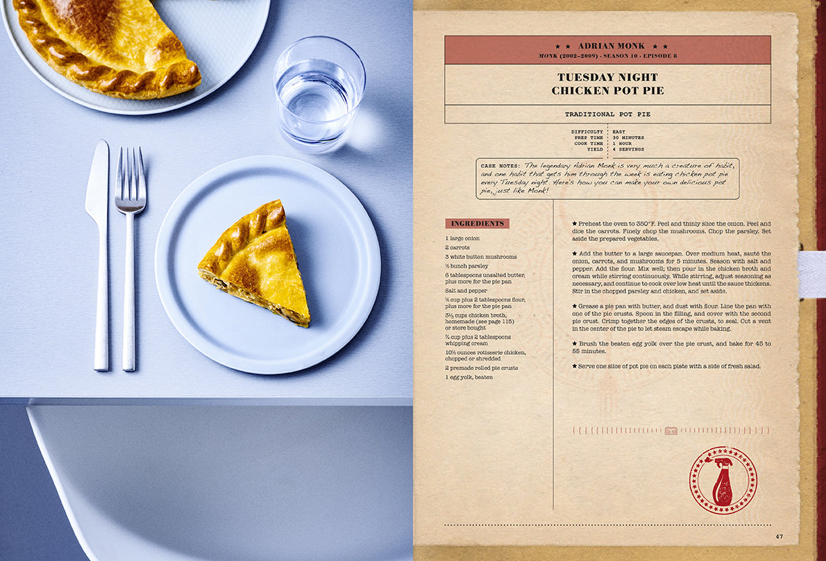 Chicken pot pie with a recipe card on a blue background