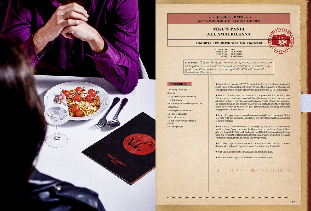 Person sitting at a table with a plate of food, next to a restaurant menu with a recipe.