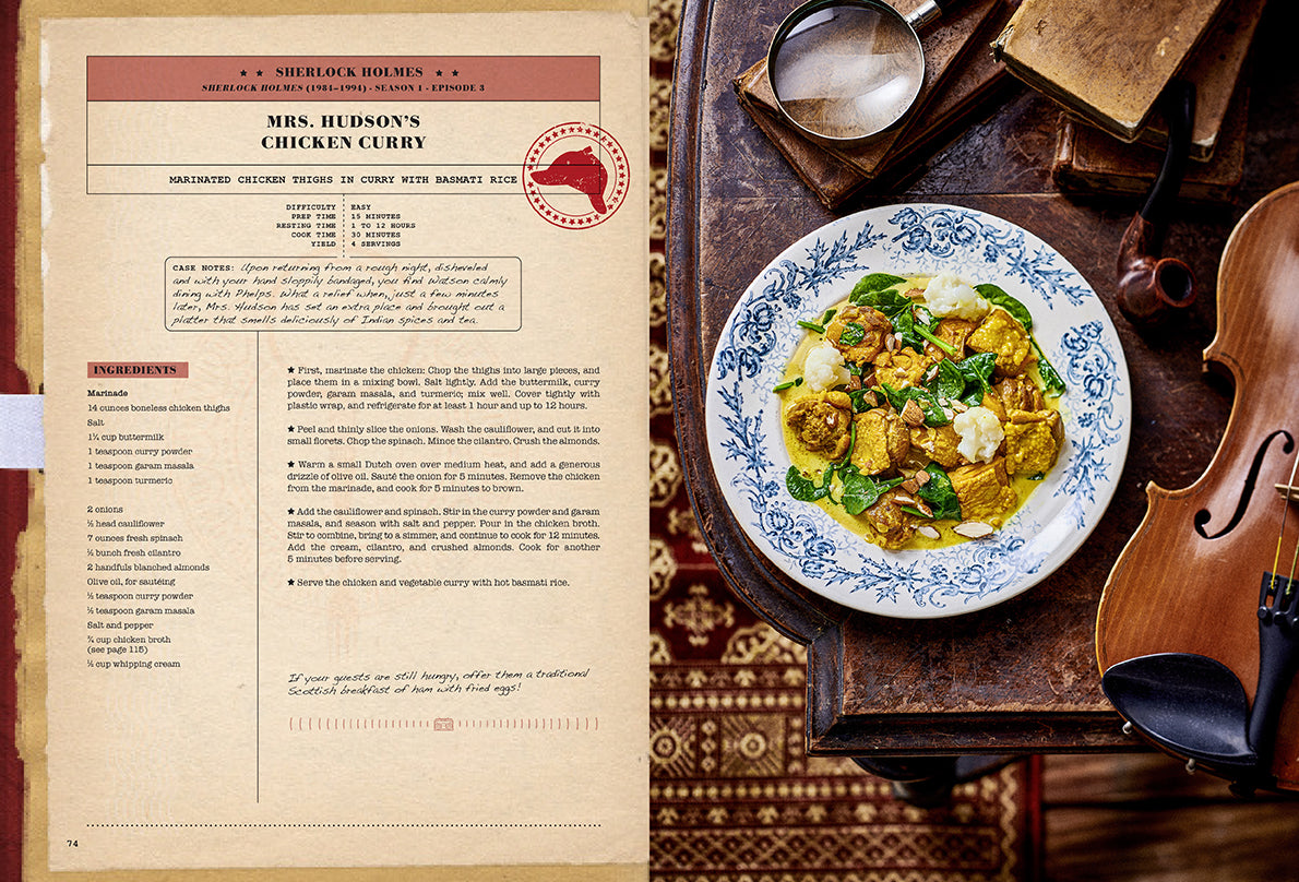 Recipe book page for 'Mrs. Hudson's Chicken Curry' with a plate of food on a wooden table.