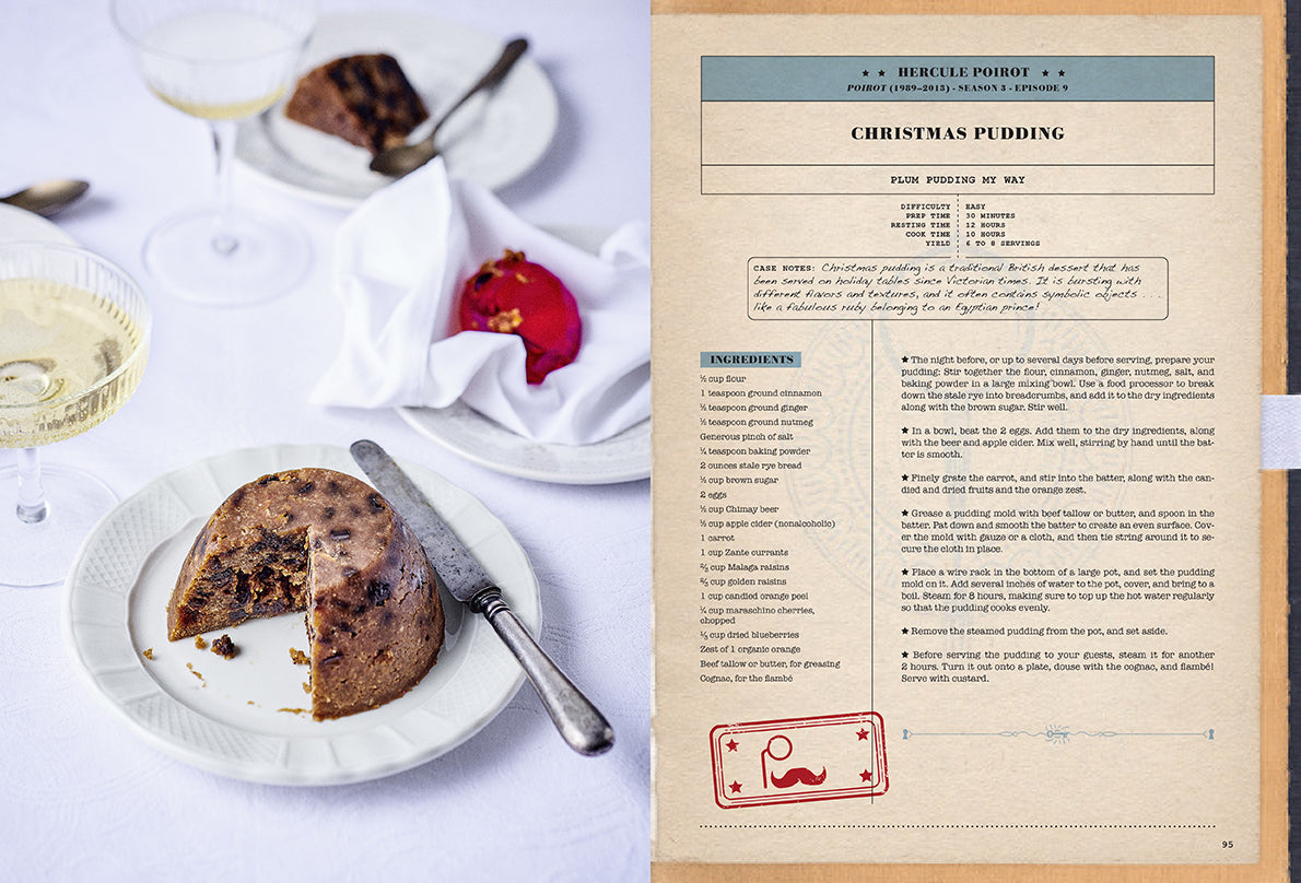Christmas pudding on a plate with a recipe card next to it