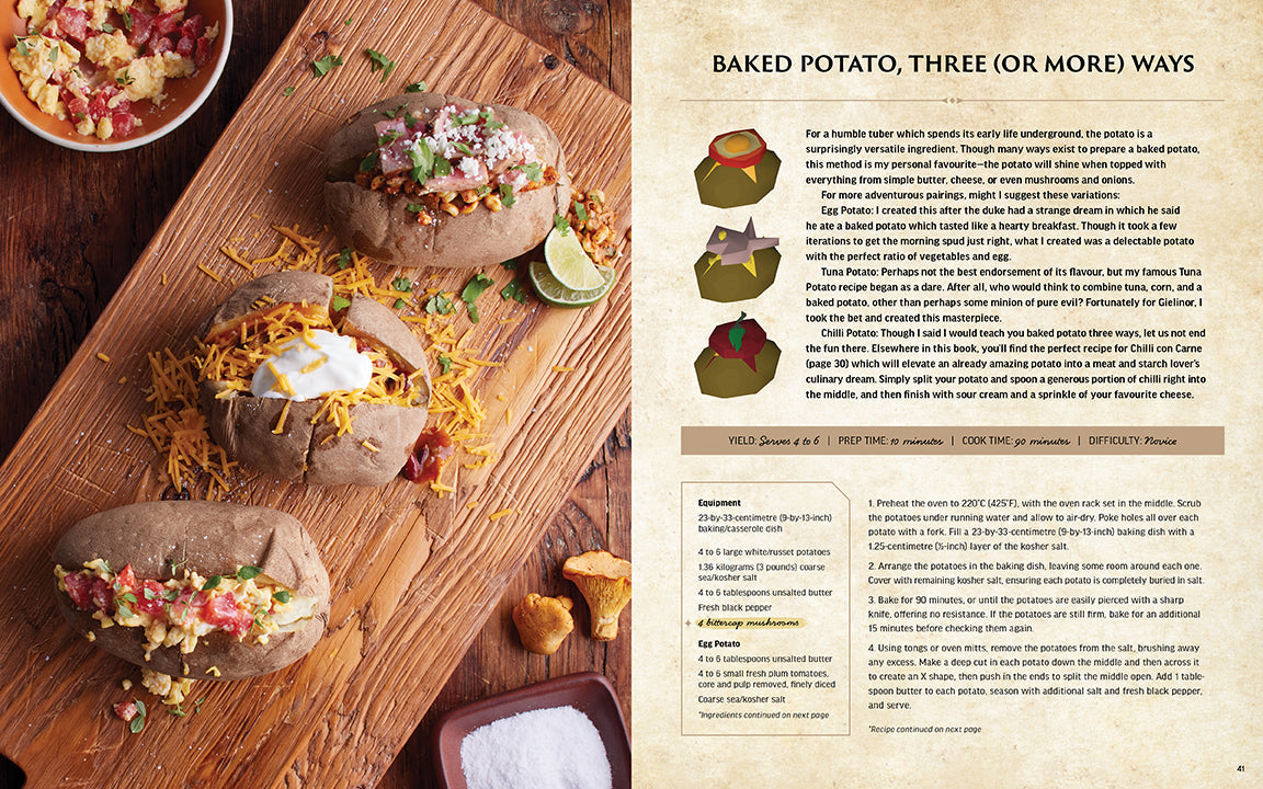 Three baked potatoes with various toppings on a wooden board, accompanied by a recipe card.