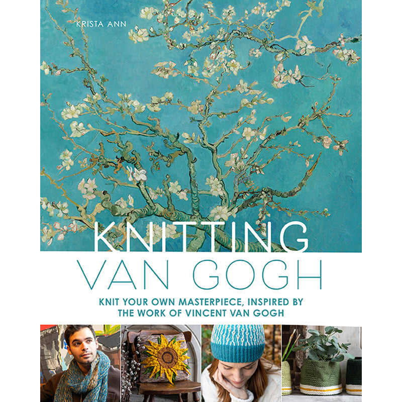 Book cover of 'Knitting Van Gogh' with floral design and people wearing knitted items.