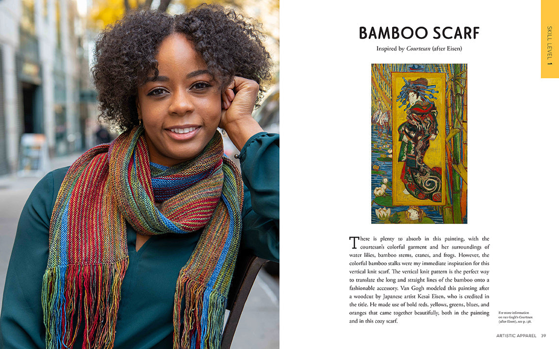 Woman wearing a colorful bamboo scarf with an article about the scarf on the right.