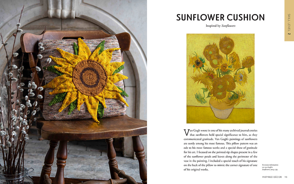 Sunflower cushion on a wooden chair with Van Gogh's 'Sunflowers' painting in the corner.