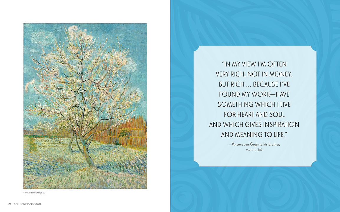 Van Gogh painting of a flowering tree with a quote on a blue background