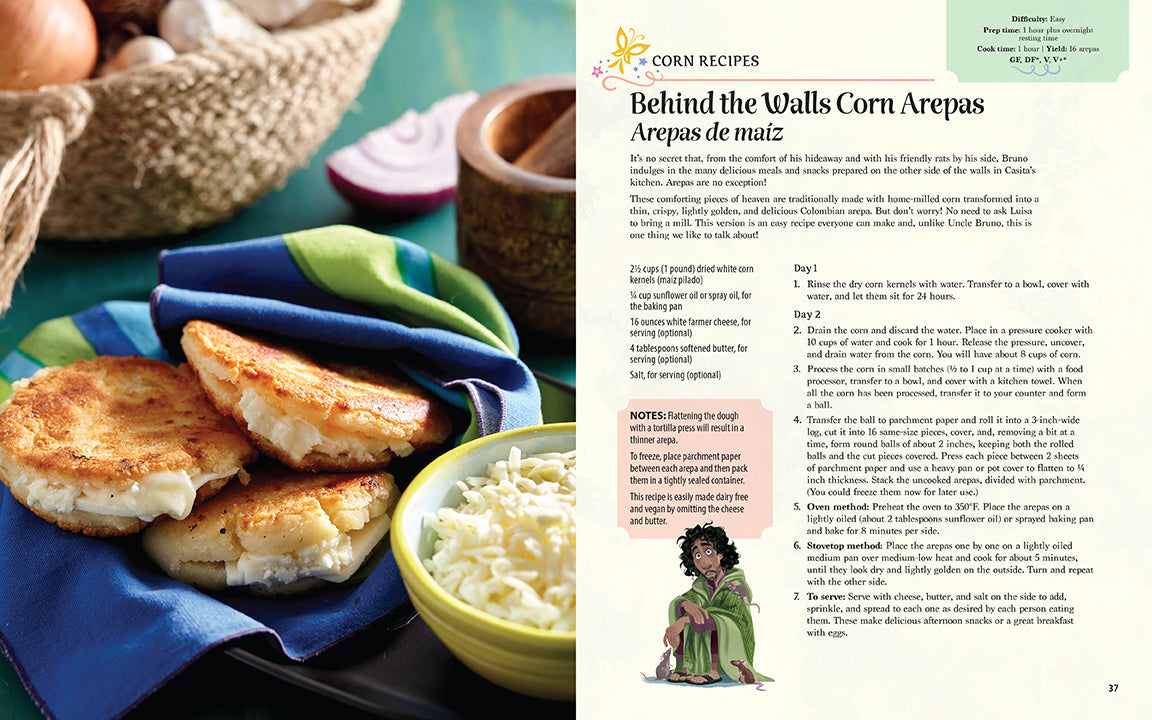 Corn recipes with arepas and cheese on a plate, accompanied by a recipe card.