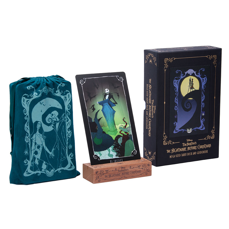 Set of 'The Nightmare Before Christmas' tarot cards with packaging and stand on a white background